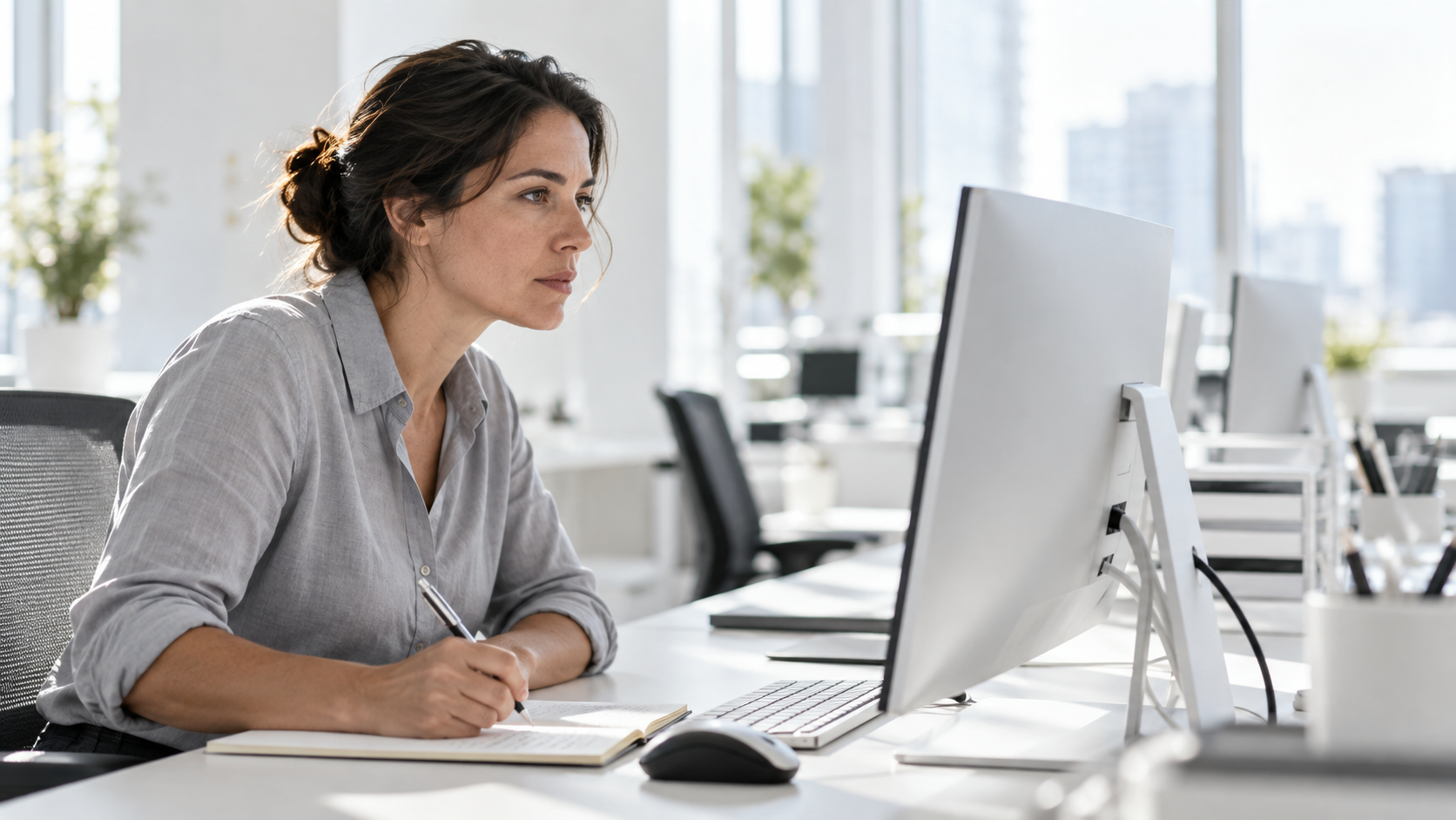 Engineer reviewing a computer and taking notes in a bright office