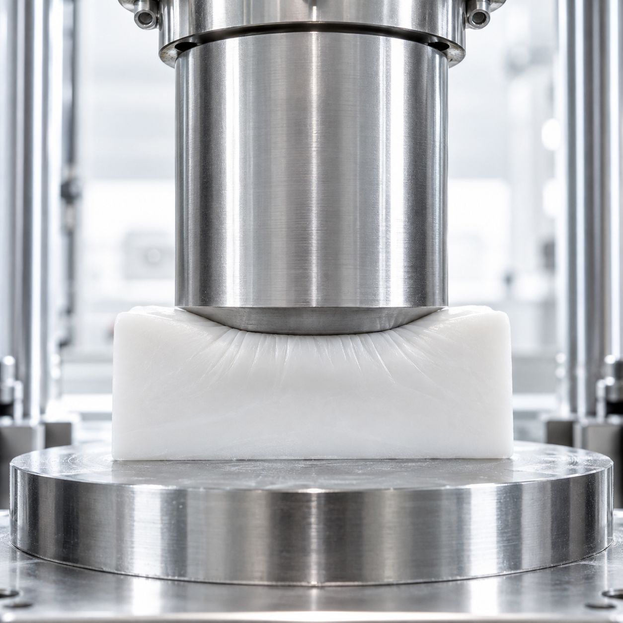 A steel testing ram compressing a white polymer specimen