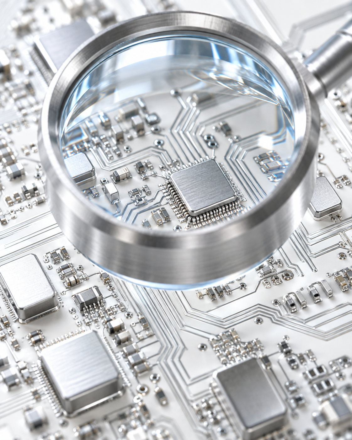 Optical inspection lens over white and silver circuitry
